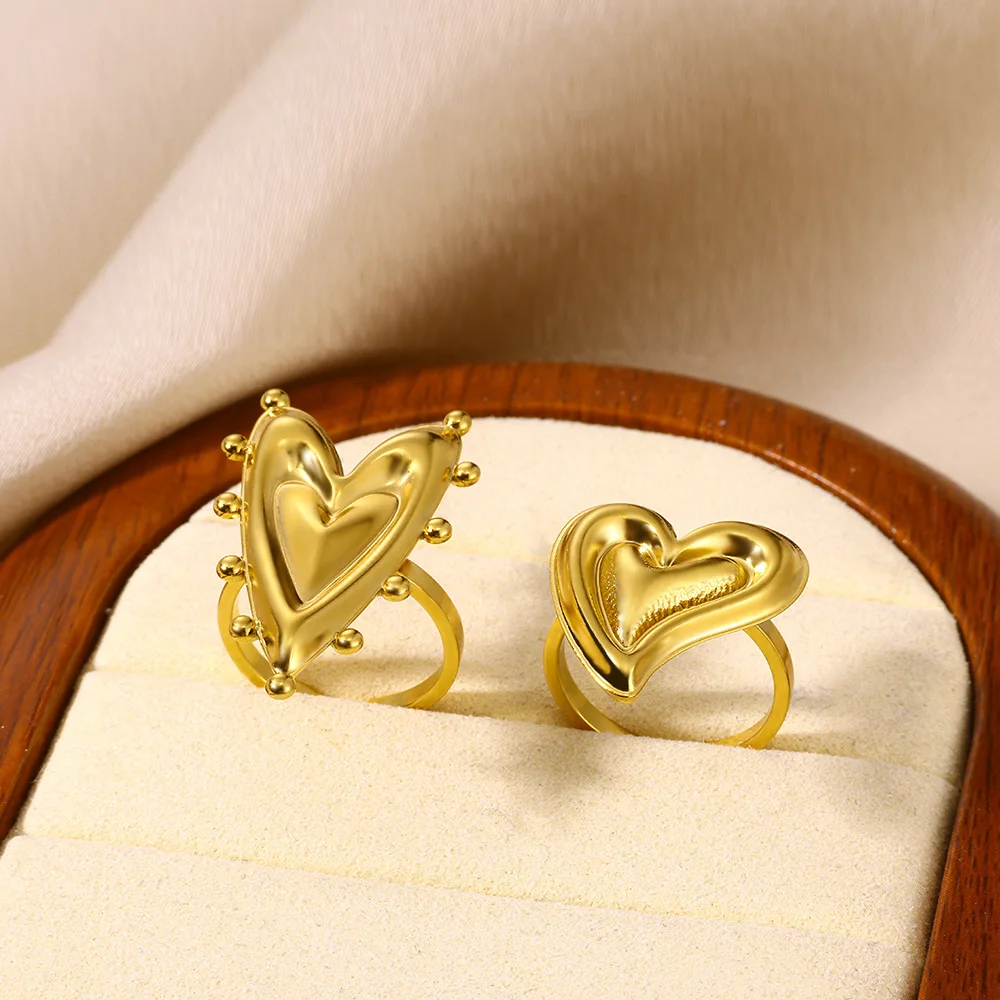 Delicate Heart Love Opening Rings For Women Fashion Gold Color Stainless Steel Bague Jewelry Femme Bijoux Wedding Gift Anillos