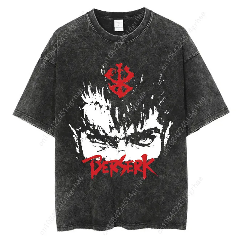 Japanese Anime Washed Tshirt Harajuku Streetwear Graphic Vintage Guts Print T-Shirt Summer Short Sleeve Cotton Tshirt