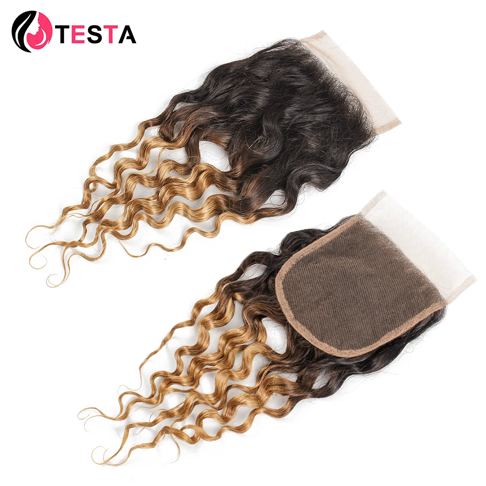 

Testa Ombre Honey Blonde Water Wave 4x4 Lace Closure HD Highlight Color Light Brown Swiss Lace Brazilian Remy Hair Pre-Plucked