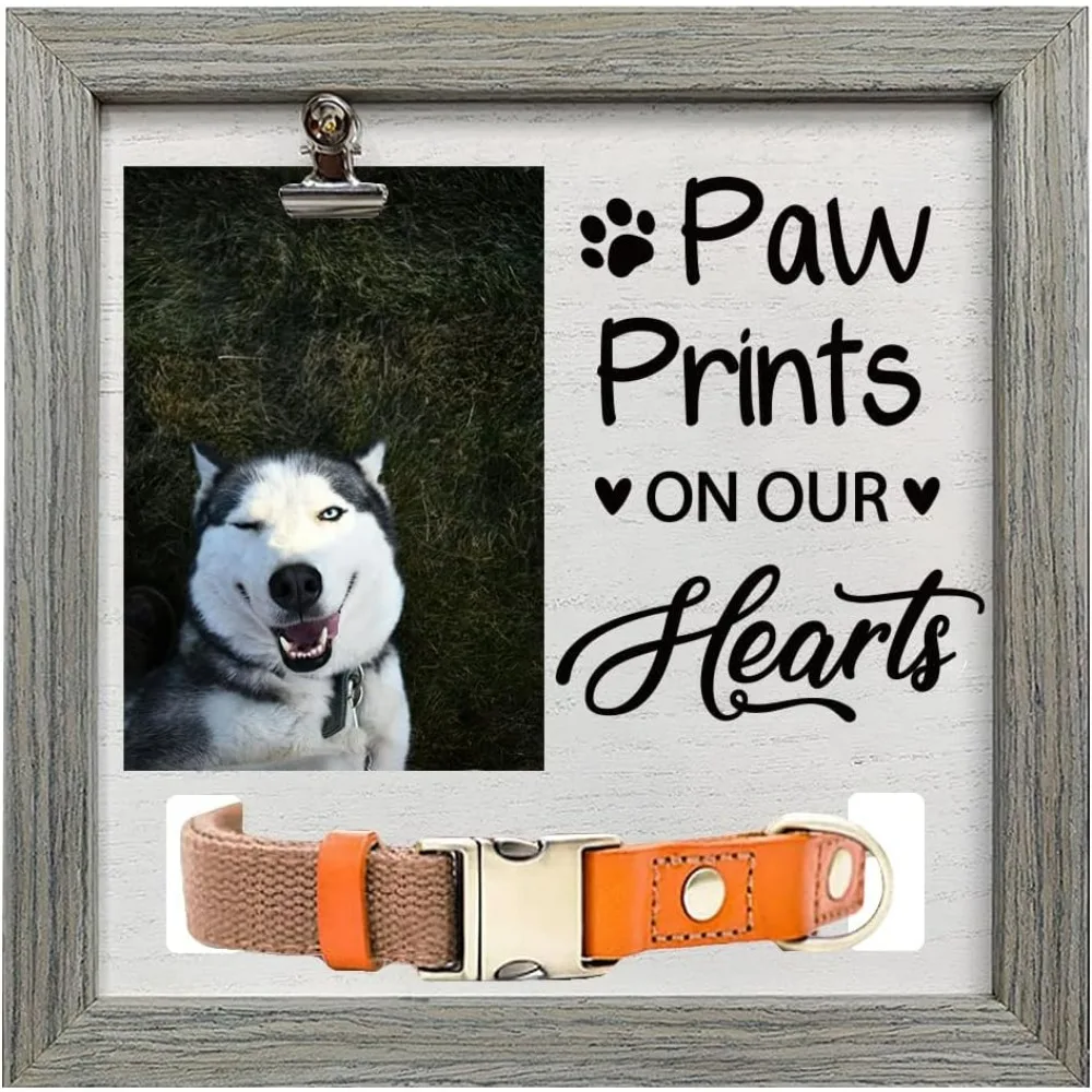 

Pet Memorial Picture Frame 9x9inch Paw Prints on Our Hearts Pet Picture Frames with Photo Clip Collar Holder Wood Memorial