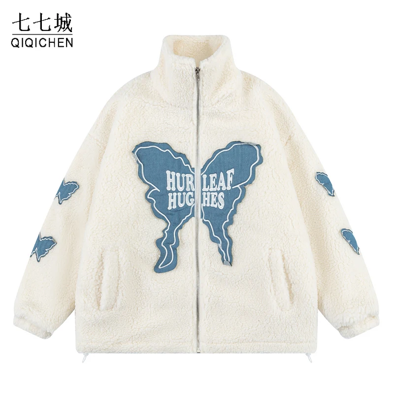 2023 Mens Oversize Parkas Jacket Harajuku Berber Fleece Butterfly Patchwork Thick Jackets Casual Stand Collar Coat Couple Winter