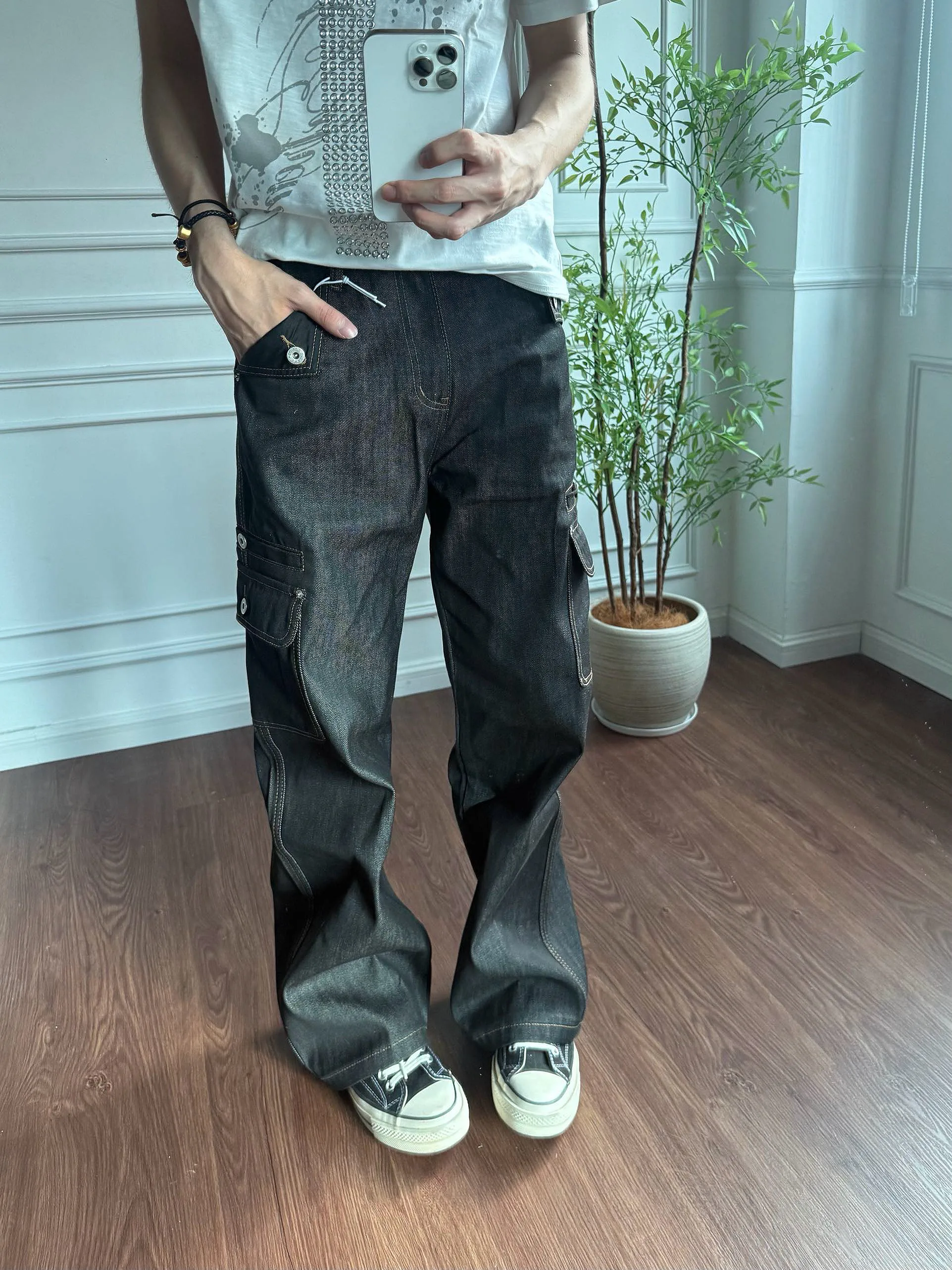 American High Street A-Line Wide Leg Loose Straight Tube Multi-Pocket Deconstructed Original Jeans Workwear Rigid Denim Men's...