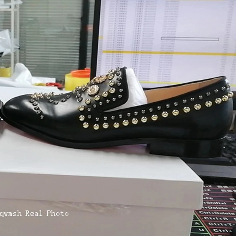Gold Rivet Studded Shoes Man Pointed Toe Black Real Leather Hand-made Flats Male Fashion Party Shoes