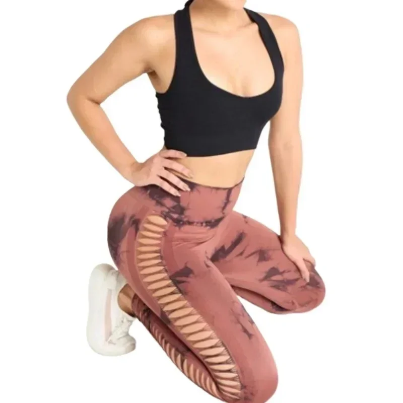 Calções de yoga confortáveis calças de cintura alta das mulheres tie dye oco para fora com malha lateral sexy sem costura leggings de fitness para treinos esportivos