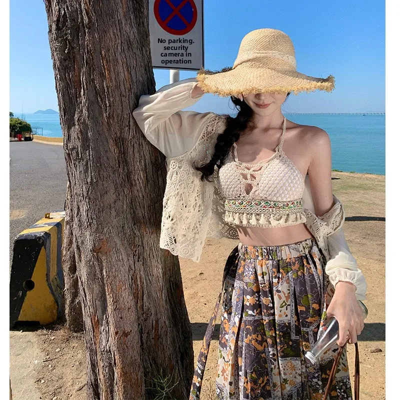 Conjunto de calças largas para praia, proteção solar, ajuste solto, calças compridas, cintura elástica, fibra de poliéster, calças casuais