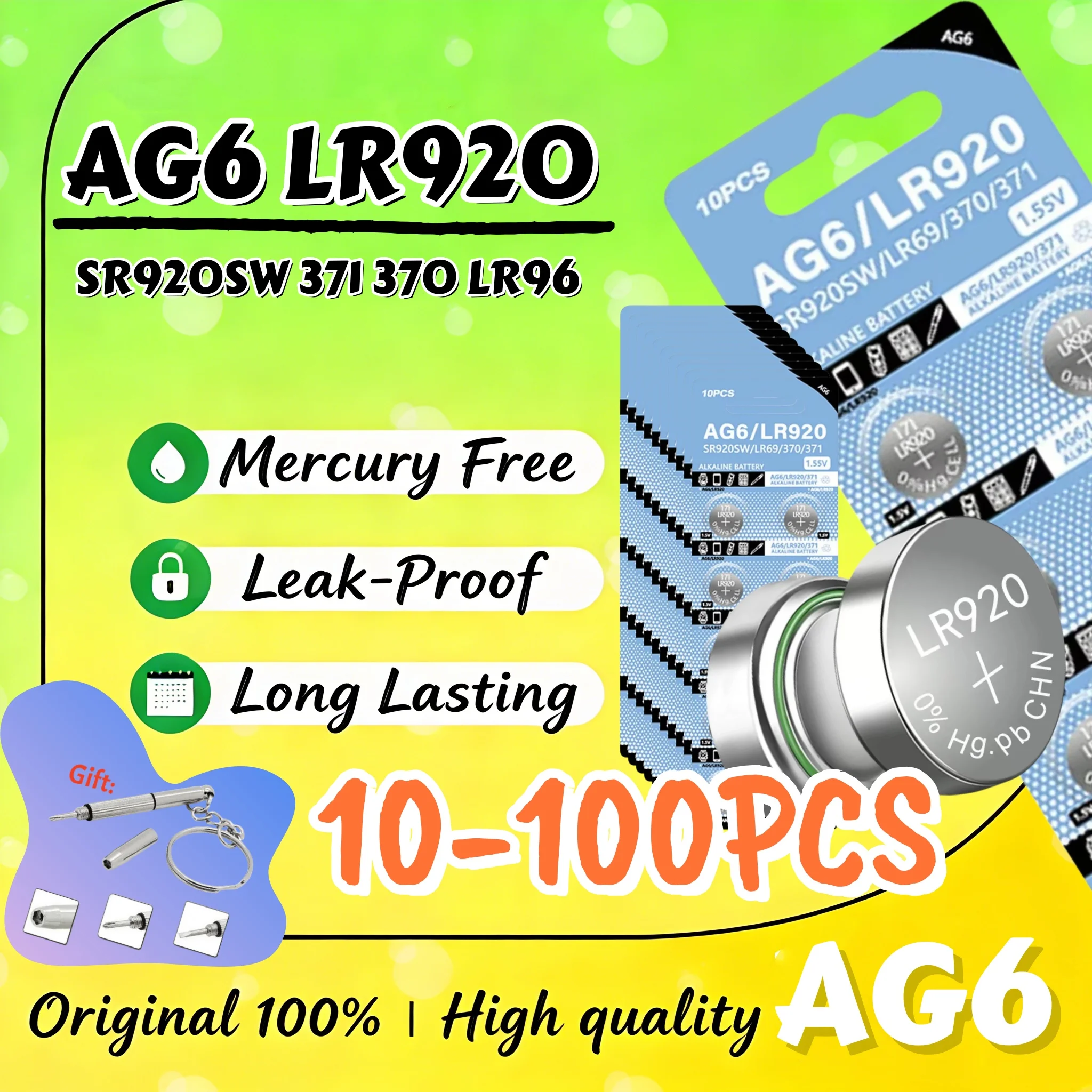 

10-100 шт. батарейок AG6 LR920, SR920, L921, SR69, 371A, щелочные батарейки-таблетки для часов, калькуляторов, игрушек