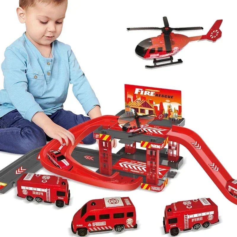 

Children's track parking lot toys multi-storey car parking building fire police engineering dinosaur car toys