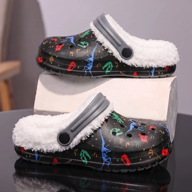 Kids Fleece Lined Clogs Boys Winter Warm Dinosaur Cartoon Plush Shoes Detachable Liner Non Slip Children Closed Toe Slippers