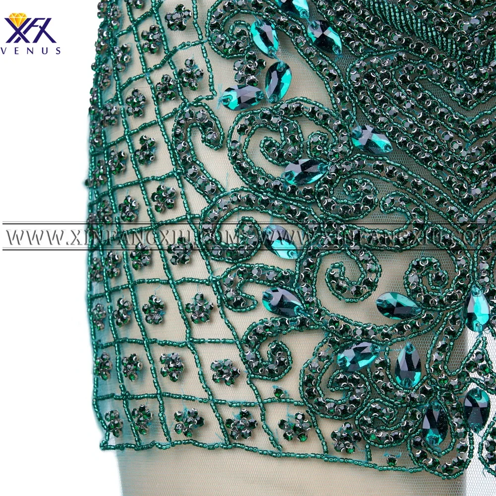 XFX VENUS 1 PCS Green Applique Rhinestone Sewing Patch for Wedding Gown Dress Bridal Embroidery Patches Applique Fabric Lace