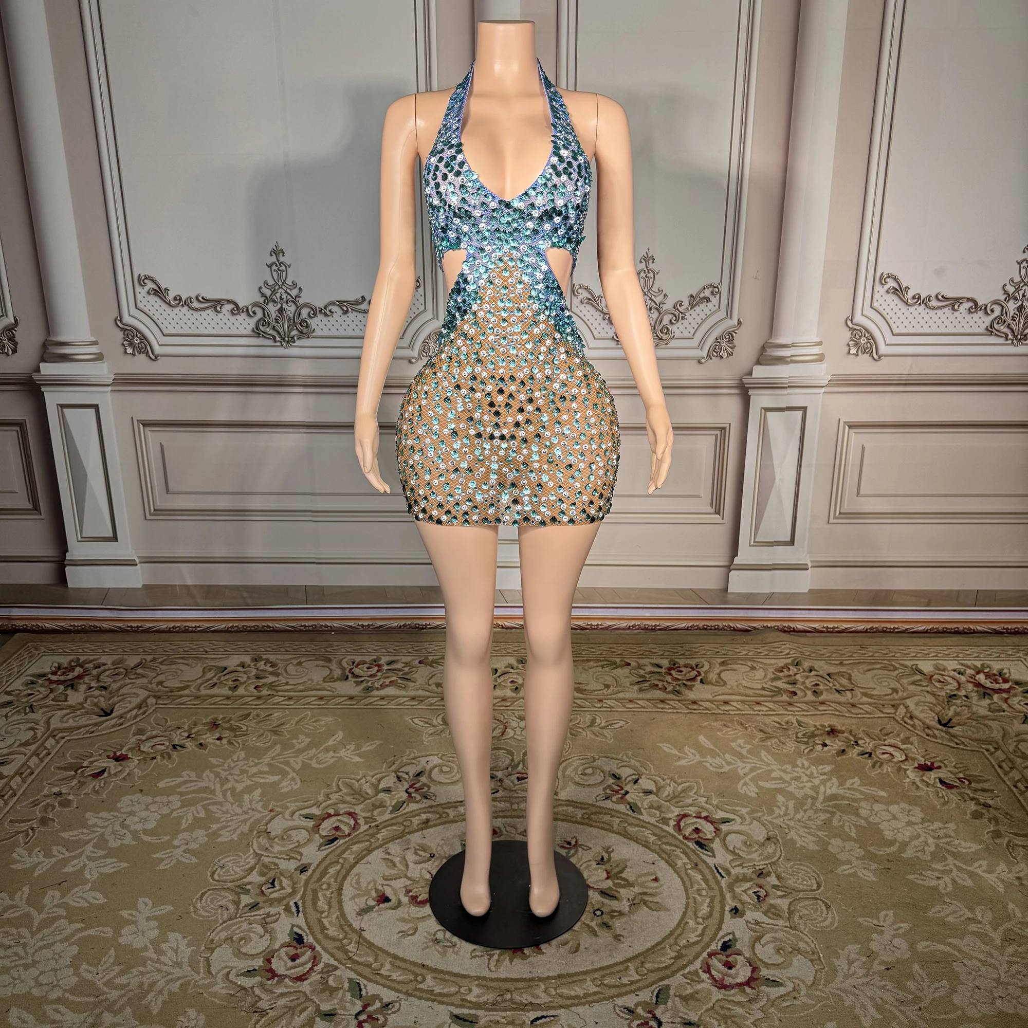 

ZD Sexy Women's Blue Shell Crystal Short Dress Sparkling Summer Beach Style Backless Night Party Evening Outfit