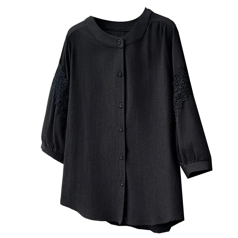 

2026 Summer Plus Size Shirts For Women Floral Lace Patchwork 3/4 Sleeve Cardigan Round Neck Casual Blouse 2610