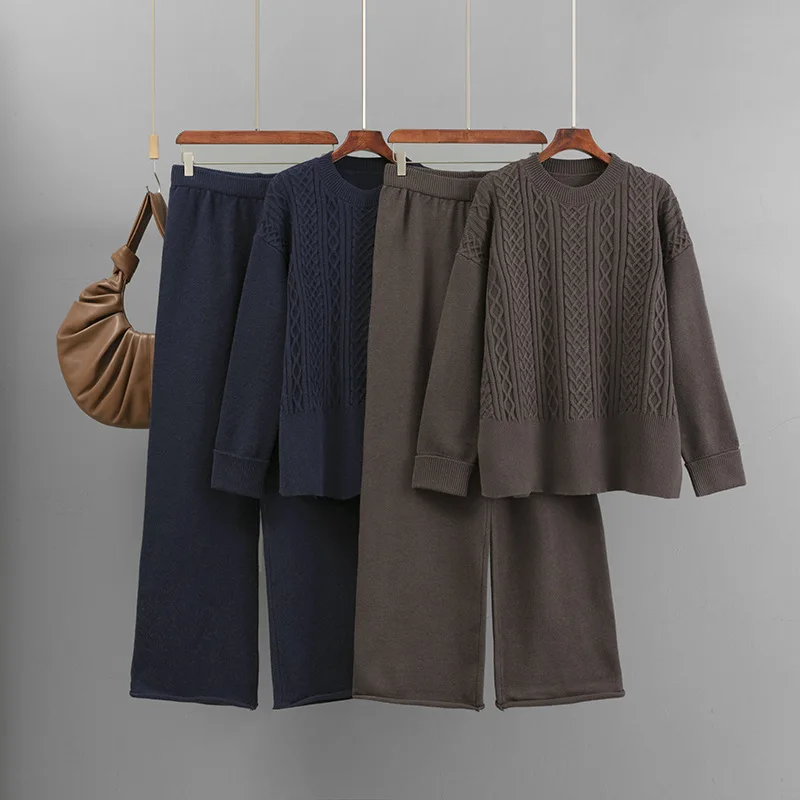 

Женский вязаный модный осенне-зимний вязаный свитер больших размеров + повседневные брюки, комплект из двух предметов