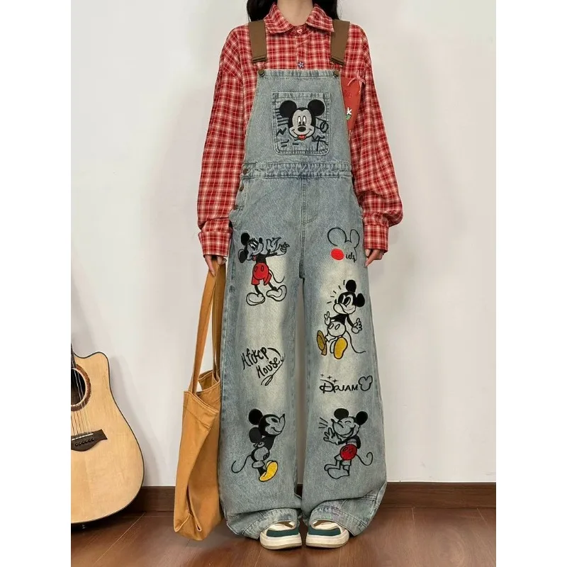 

clothes for woman Women's Disney American Vintage Cartoon Mickey Embroidered Denim Overalls, Loose Slim Fit Jumpsuits for Women