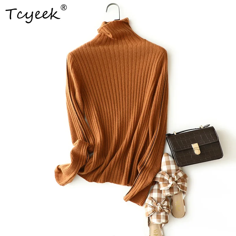 

Tcyeek, 100% Pure Cashmere Elegant Sweater Base Sweater, Women's High Neck Solid Color Casual, Autumn and Winter Top T48906KS
