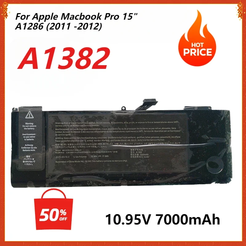 

New A1382 Laptop Battery for Apple Macbook Pro 15" A1286 2011 2012 Series 10.95V 7000mAh