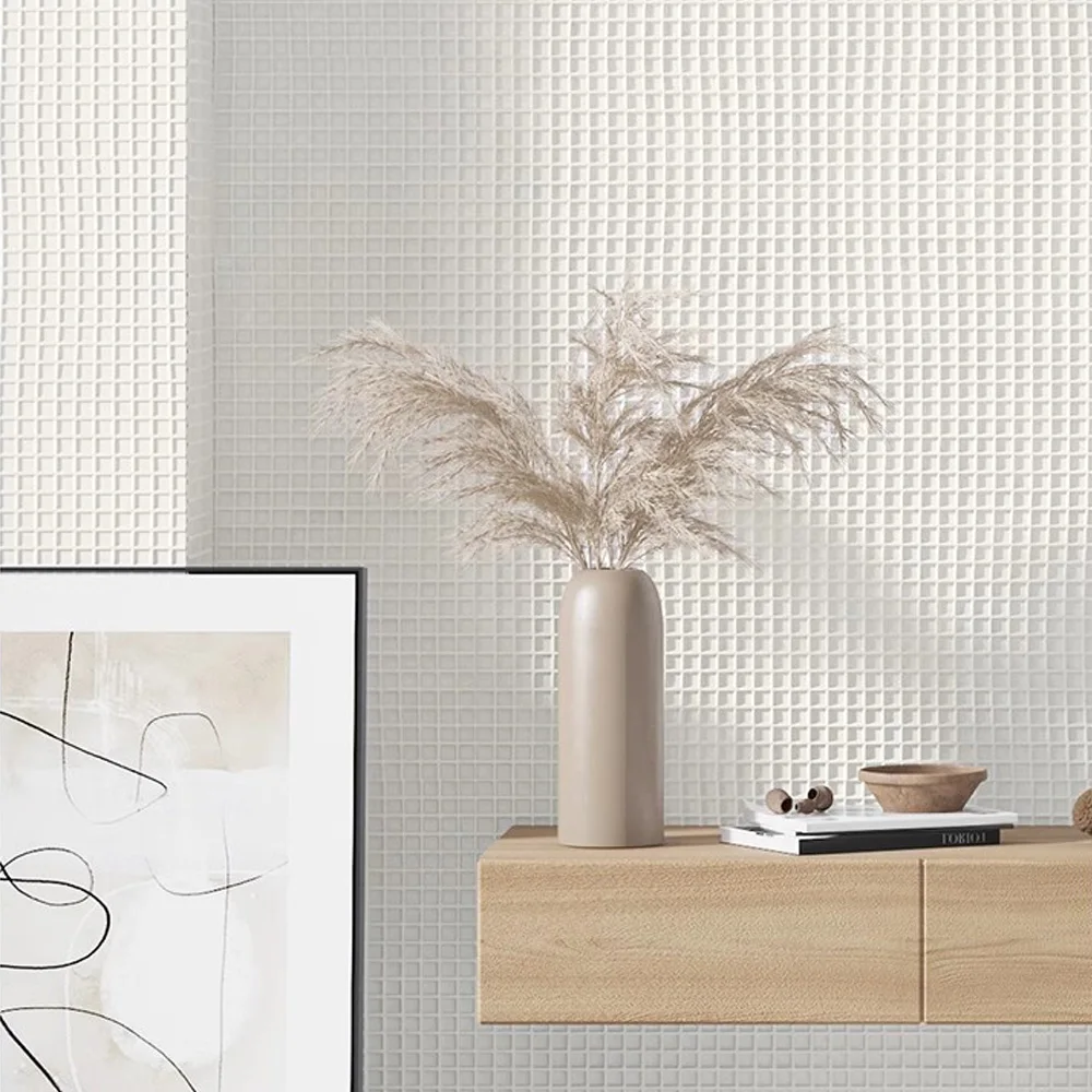 

Modern Geometric Lattice Wallpaper Embossed Hotel Background Non Woven Plain White Grid Wallpaper for Living Room Bedroom