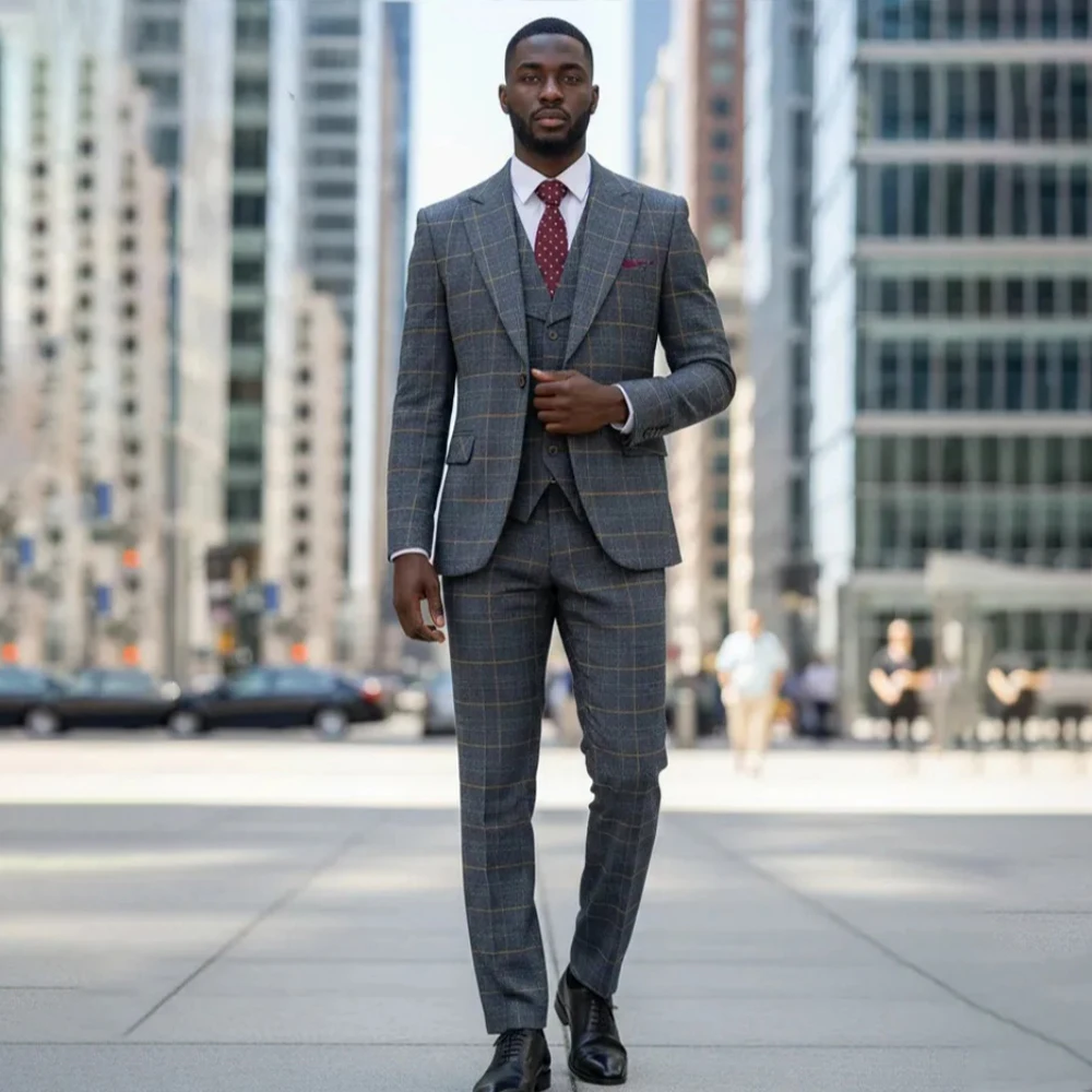 

High Quality Elegant Man suit Peaked Lapel A Single Button Plaid wedding men suits Casual Business Men's 3-piece Set Customized