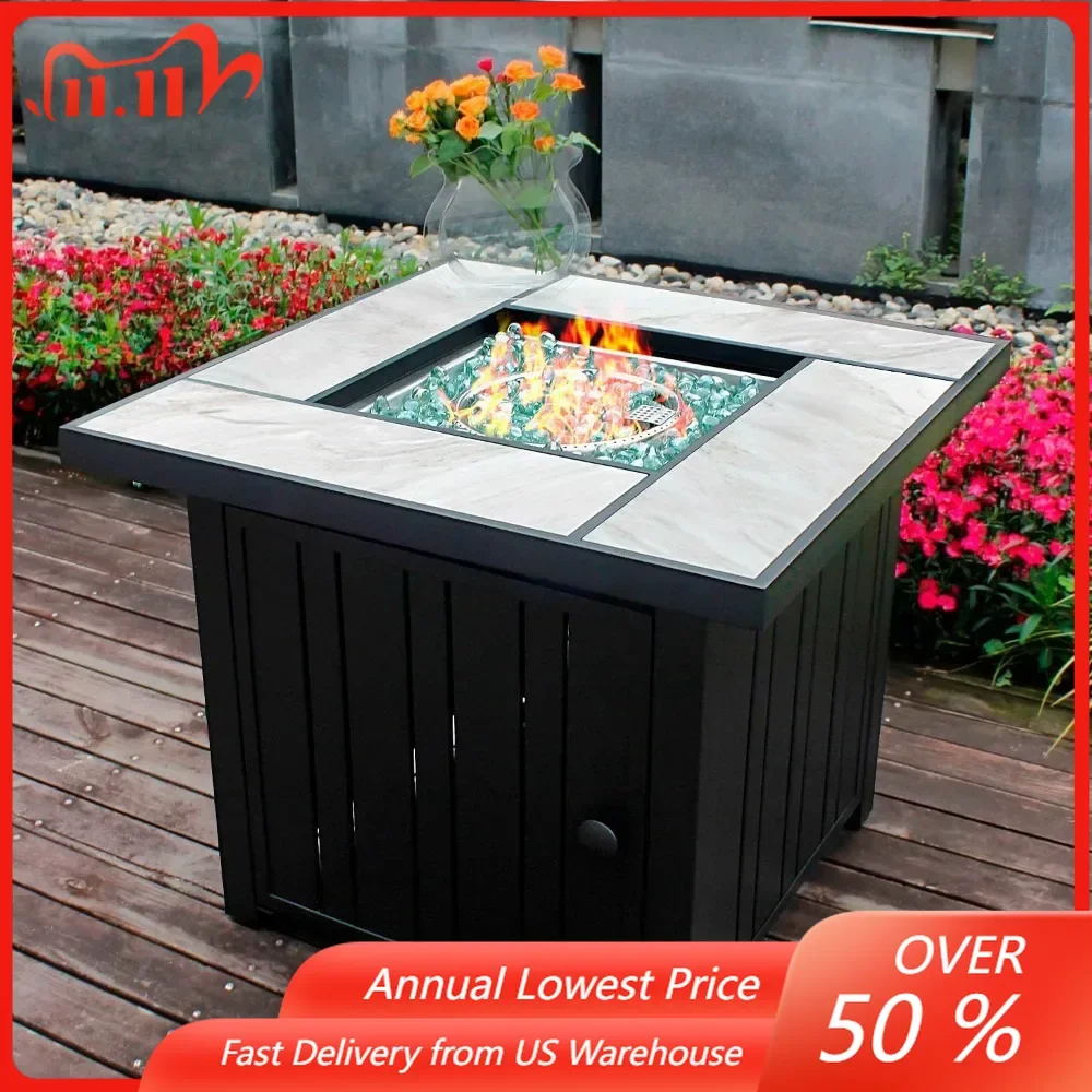 

30" Propane Fire Pit with Real Ceramic Tabletop, 50000 BTU Gas Fire Pit Table with Lid & Glass Rock for Dining or Party.