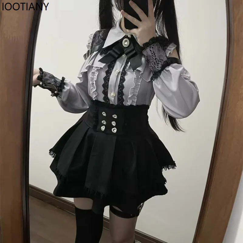 2025japanese Black Short Skirt Set Gothic Ruffle Mini Skirts Sexy Lace Off Shoulder Lolita Shirt Gown Aesthetic Suit