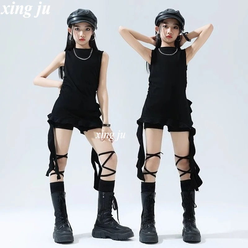 소녀 스트리트 댄스 타이트 반바지 어린이 힙합 의류 어린이 블랙 불규칙 탑 재즈 댄스 의상 무대 공연 의류