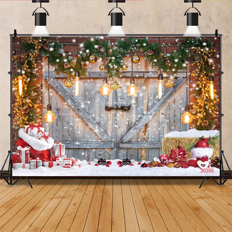 

NITREE Christmas Tree Window Wreath Photography Backdrop Wooden Doors Snowman Cinema Pine New Year Background Prop ZZ-27