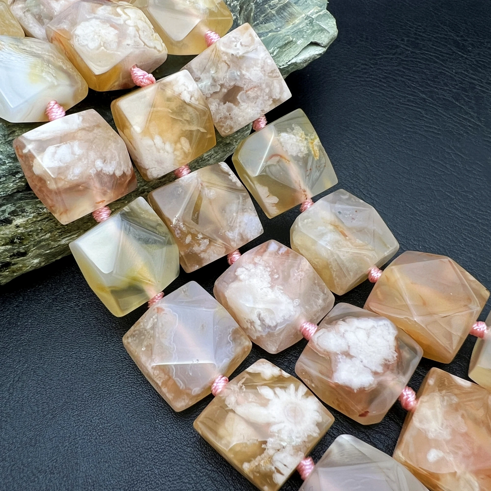 Large Faceted Square Shape Natural Pink Sakura Quartz Cherry Agates Stone Nugget Focus Beads