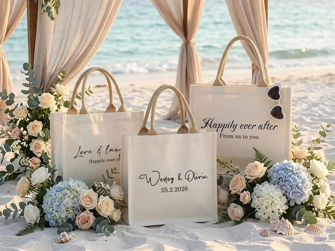 Personalisierte Canvas-Tragetasche mit minimalistischem schwarzem Text für Brautjungfern | Robuste Hochzeits- und Partygeschenke – Detail 1