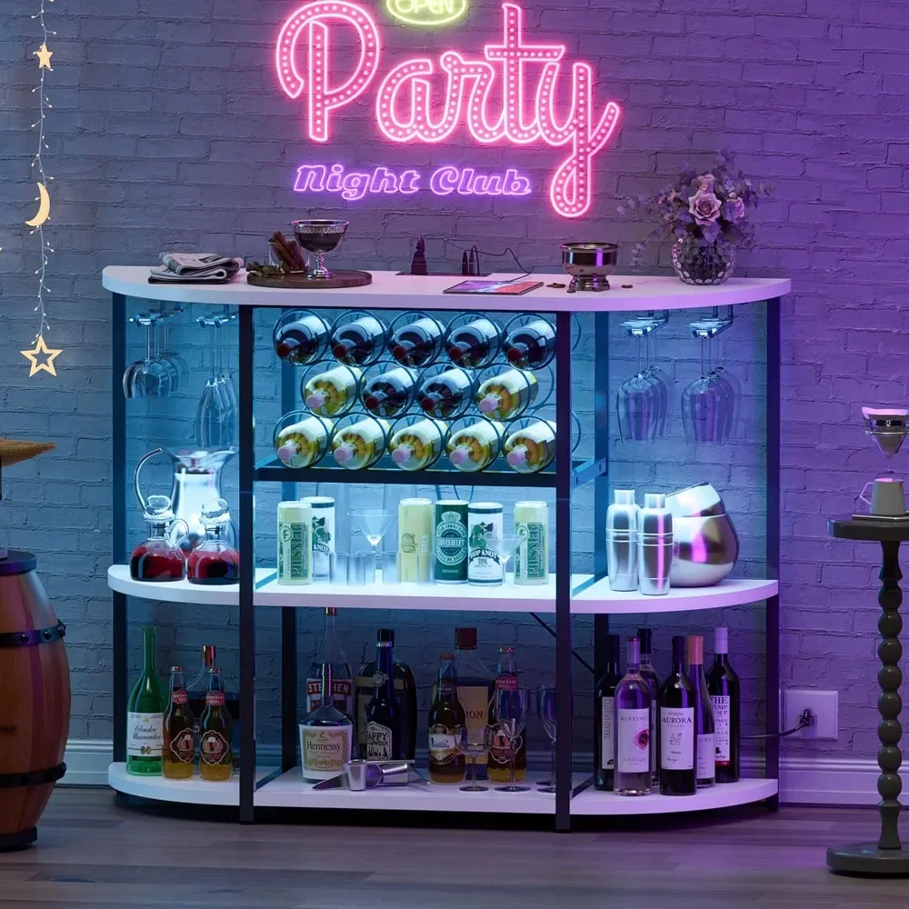 

Wine Bar Cabinet for Liquor Bar Table Bar Cabinet with Lights and Outlet 4-Tier Storage Freestanding Wine Racks