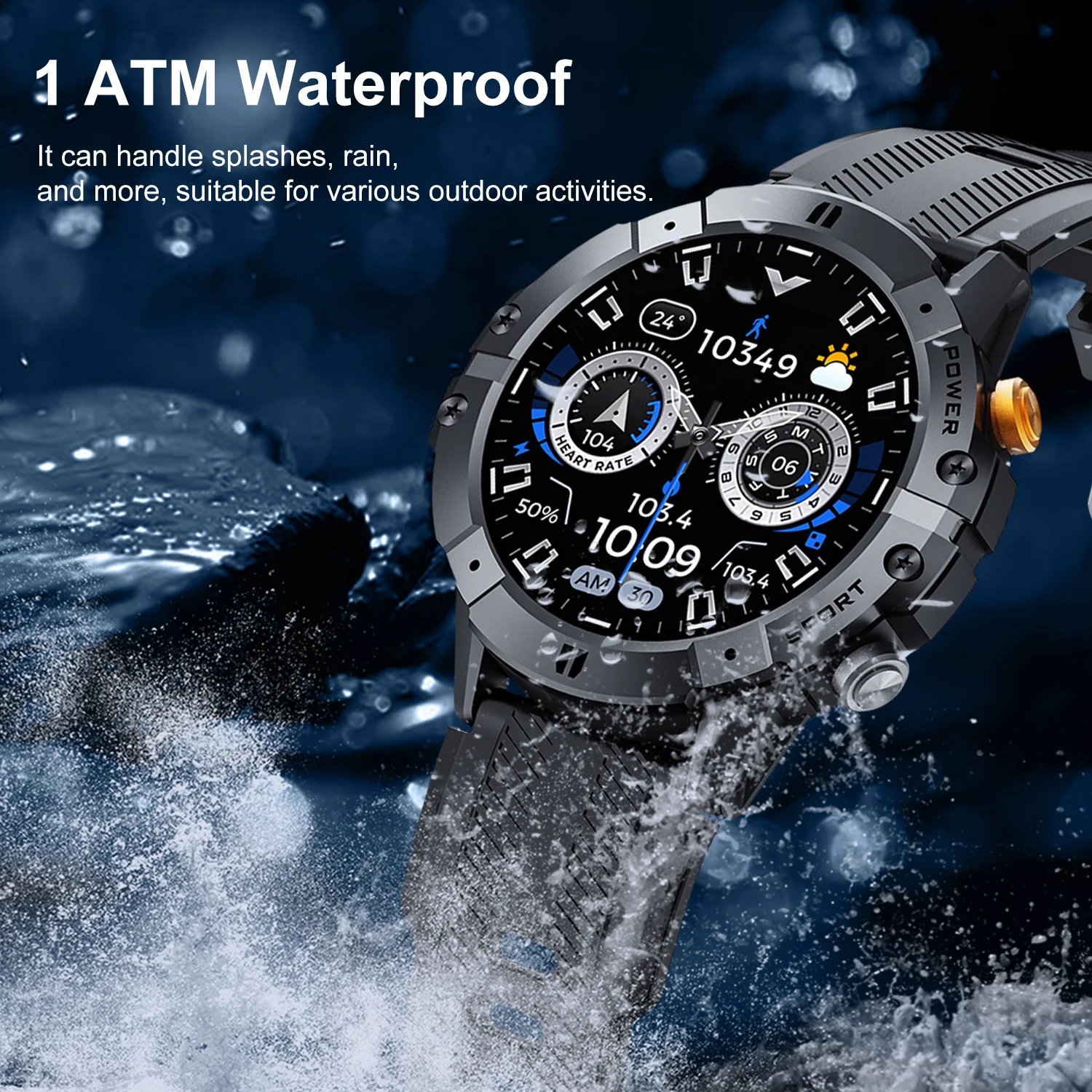 Outdoor Sports Smart Watch Men 1ATM Waterproof Bluetooth Call Health Monitor Fitness Tracker Voice Assistant Military Smartwatch