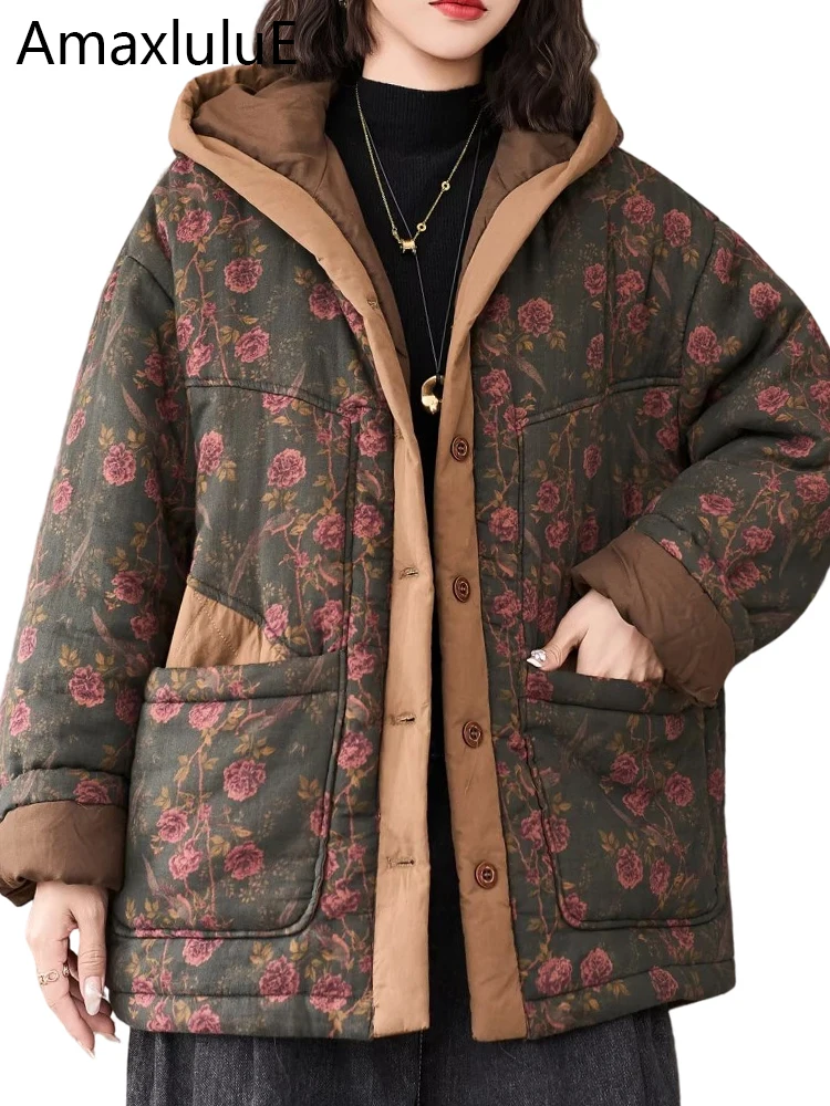 

Amax LuluE зимние модные парки с цветочным принтом женские повседневные стеганые пальто с капюшоном с принтом женские свободные теплые куртки винтажная верхняя одежда