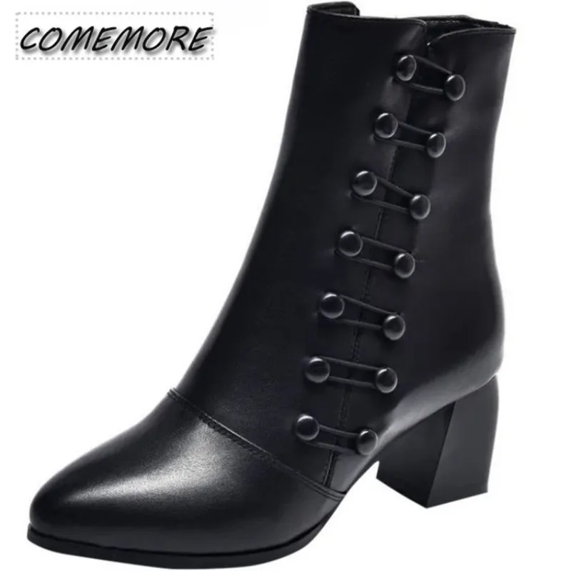 High Quality Elegant Boots and Ankle Boots for Women Leather Winter Boots Comfortable Round Toe Female Shoes Fashion Mid Heeled