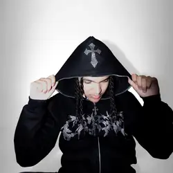 Sportswear Cross Hot Diamond Hoodie for Women, Retro Gothic Zipper Open, Fashionable Street Hip Hop American Y2k Hoodie