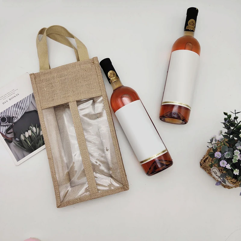 Jute Red Wine Cover Reinforced Handle Wine Bottle Pouch All-Purpose Red Wine Beer Bottle Packing Tote Bag for Wedding Holiday