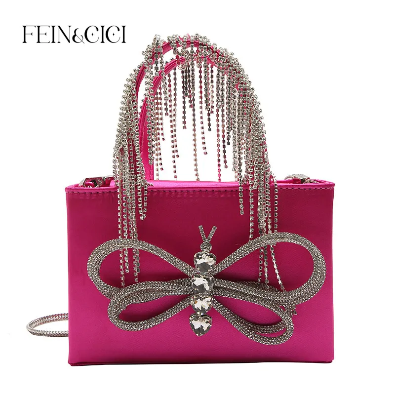 

Rhinestones fringe Butterfly Bow evening Bag Women designer party small flap box purse totes handbag 2023 hot pink black