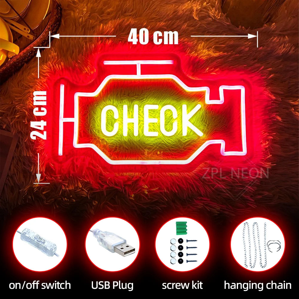 Check Engine Neon Signs Garage Auto Workshop Repair Room Decor Wall Hanging Neon Light Led Signs 4s Car Shop Decor Neon Led Sign