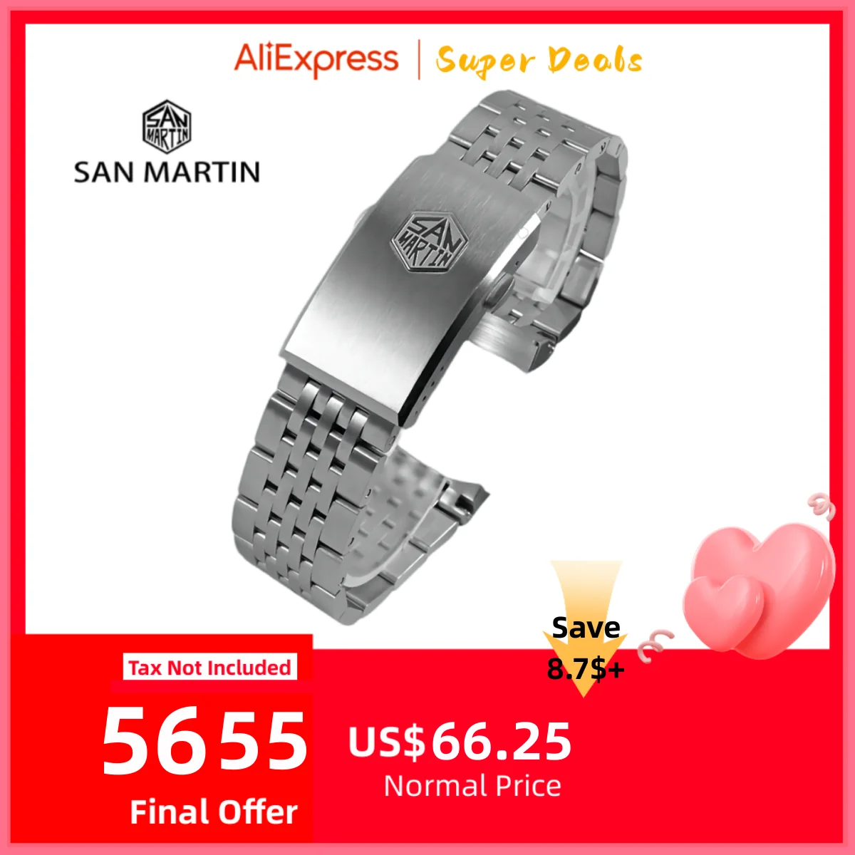 

San Martin Brushed Steel Bracelet 316L Stainless Steel Watchband 20mm For Men Watch Strap Rust Resistant Business Elite SN044