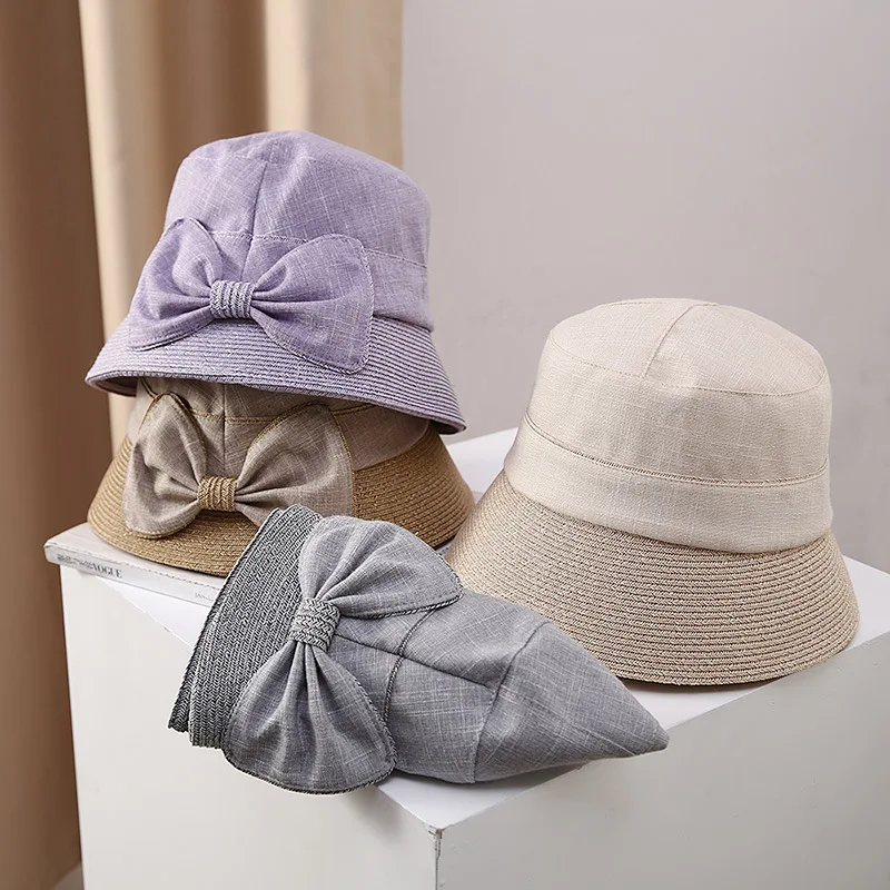 Luxury Women Spliced Straw Bucket Hat Bowknot Pearl Wide Brim UV Sun Hat Breathable Fisherman Cap Travel Beach Outdoor Hat