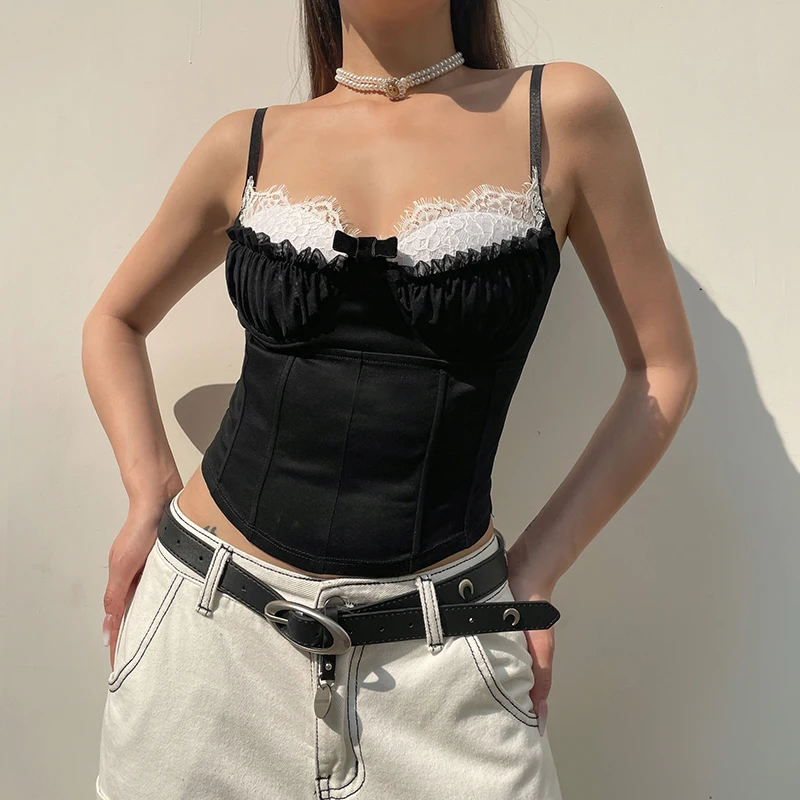 CIBBAR Vintage Lace Stitching Corset Top Chic Folds Patchwork Button-up Strap Cropped Tops Women Elegant Sexy Camisole y2k Basic