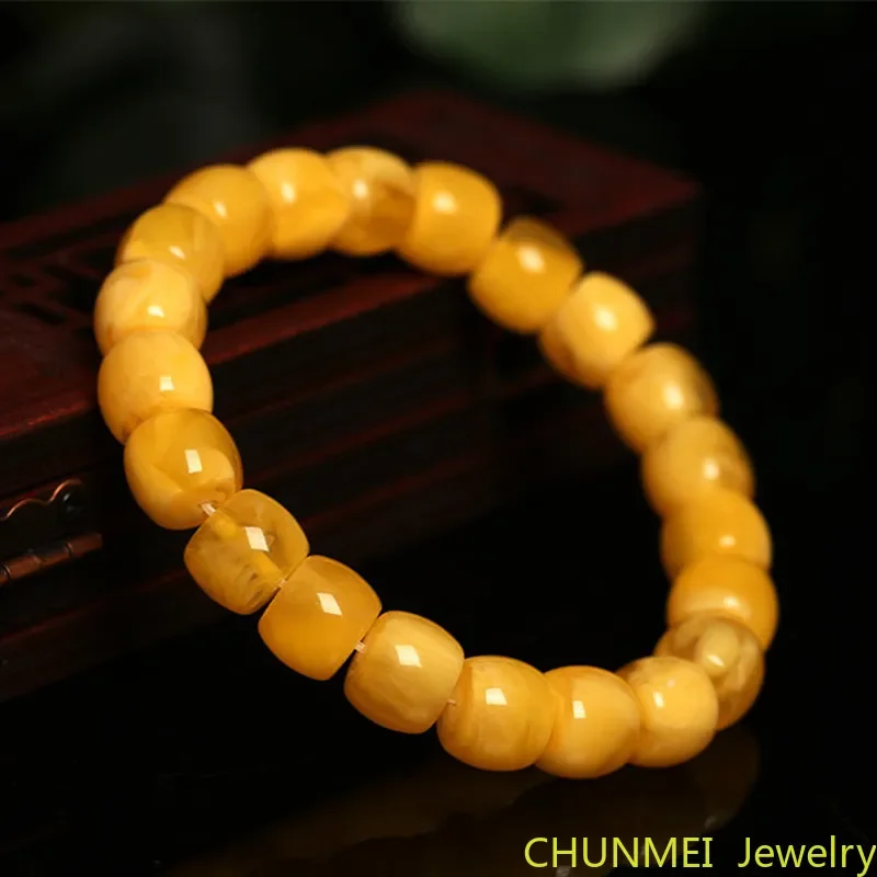 Russian Beeswax Old Beads Bracelets Women Chicken Oil Yellow Bucket Beads Bracelet Amber Rough Stone Single Circle Jujube Beads