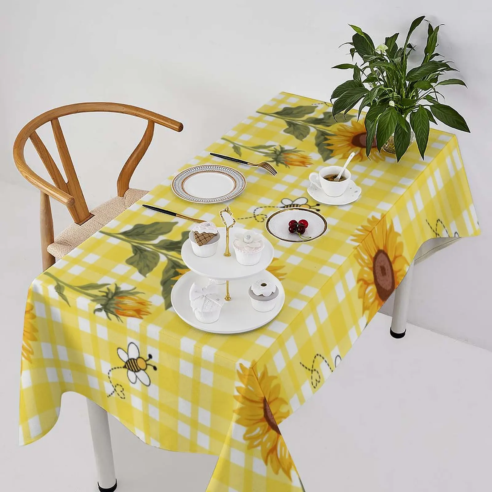 

【Красивая жизнь】 Клетчатая скатерть «Пчела подсолнечника» | Водонепроницаемый и прочный | Для столовой/пикника