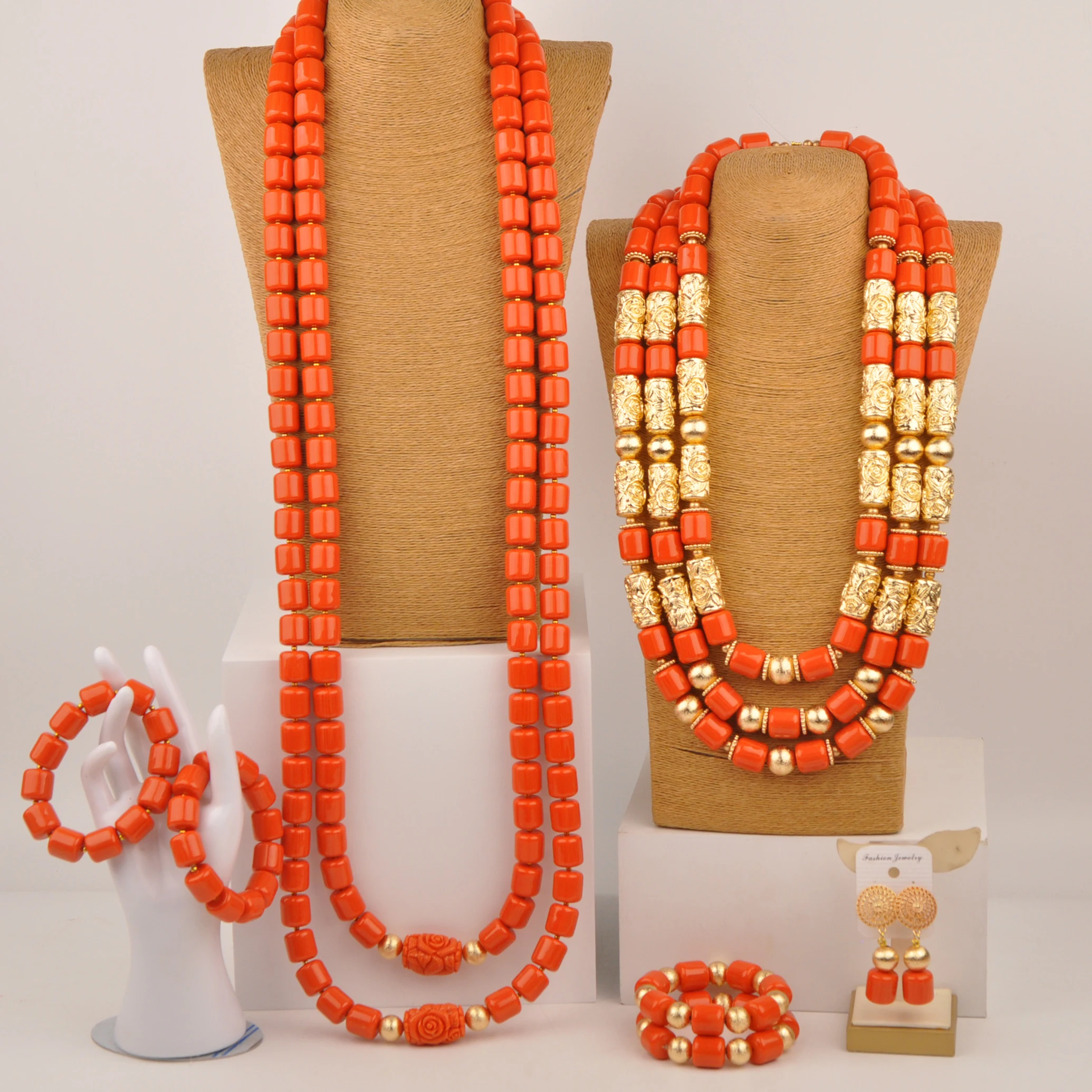 African Wedding Jewelry Orange Artificial Coral Bead Necklace Sets