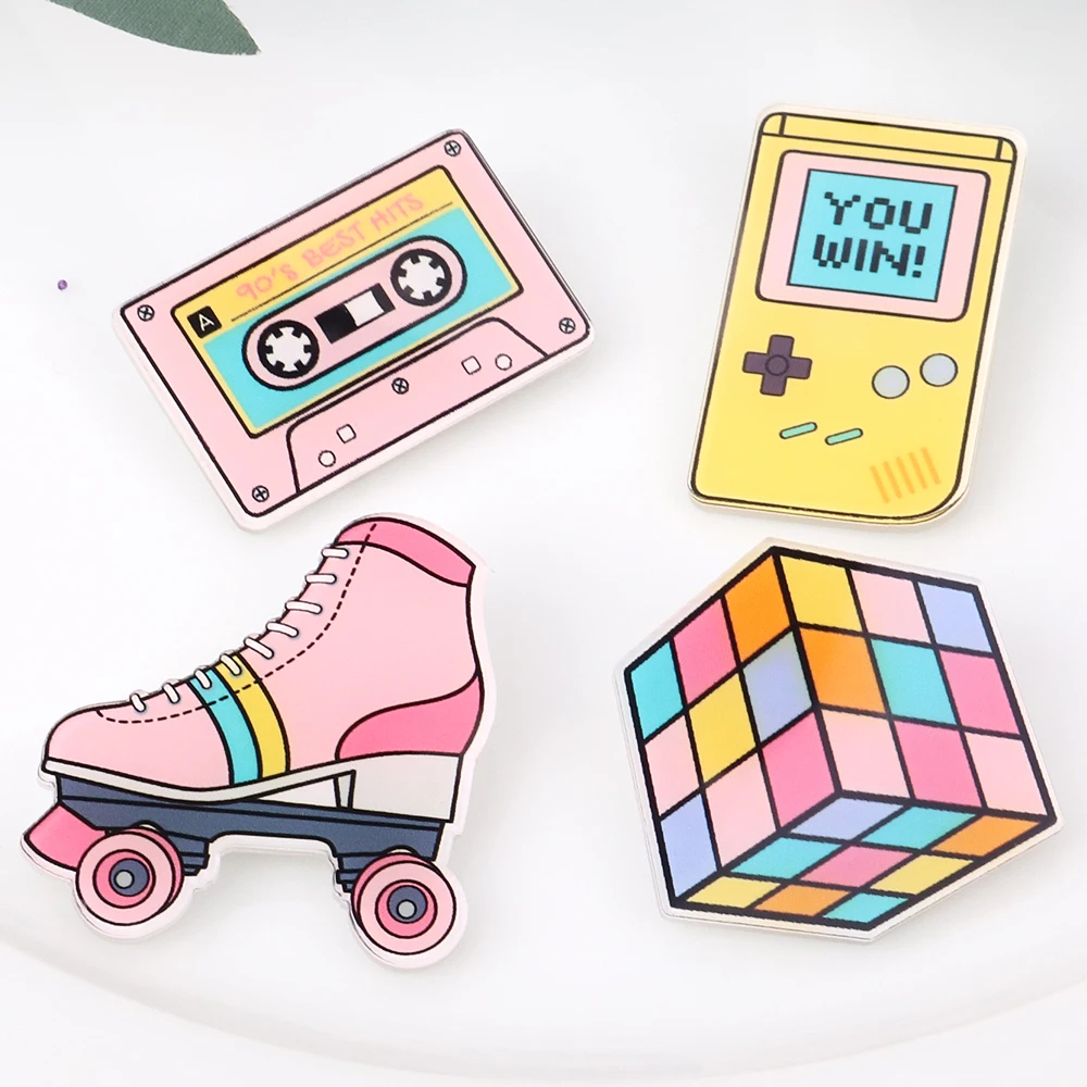 4Pcs/Set Cartoon Game Console Brooches Pin New Cute Roller Skates Rubik\'s Cube Tape Brooch Lapel Badge Fashion Jewelry for Women