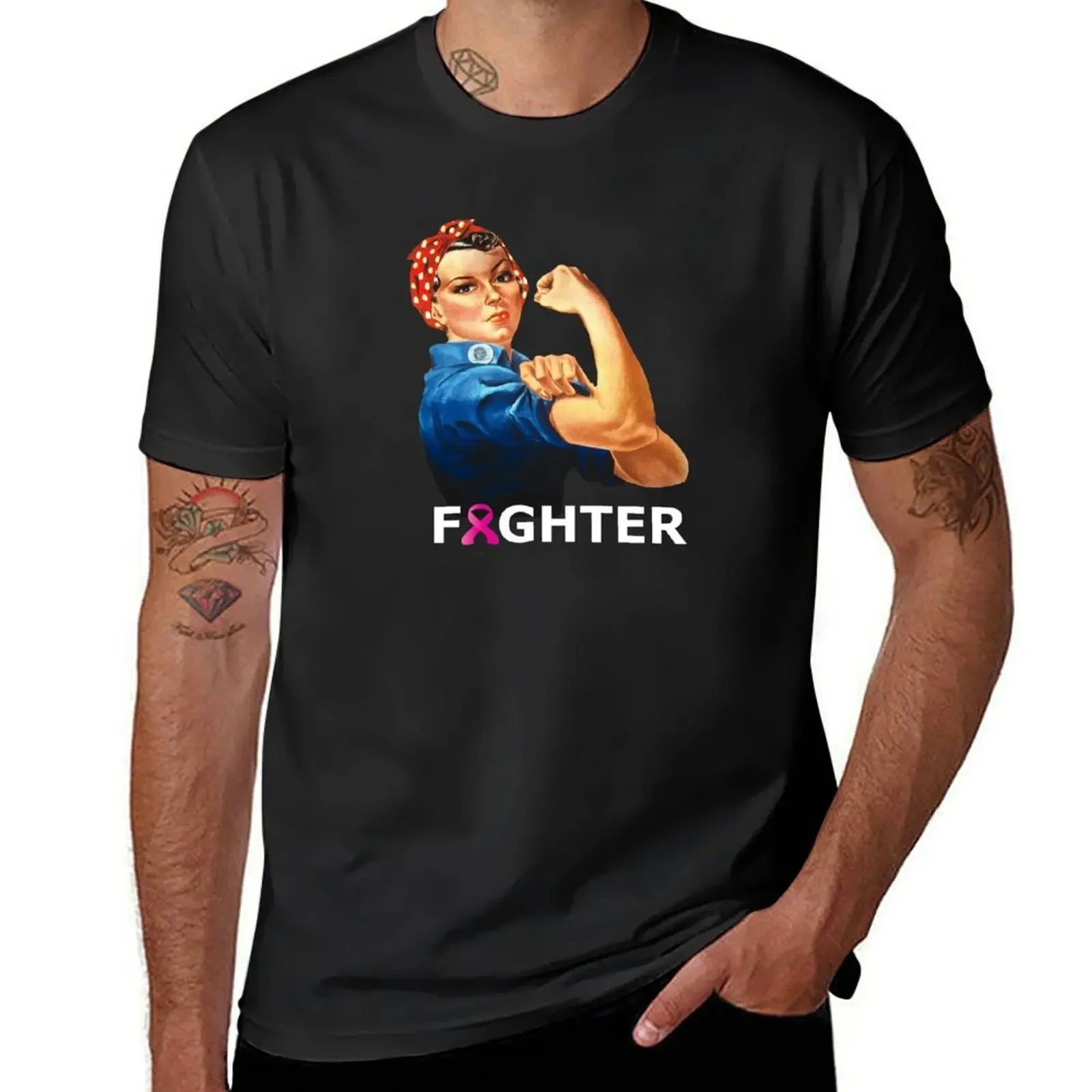 

Breast Cancer Fighter! Rosie the Riveter shirt T-Shirt Short sleeve tee vintage anime shirt tops shirts men graphic