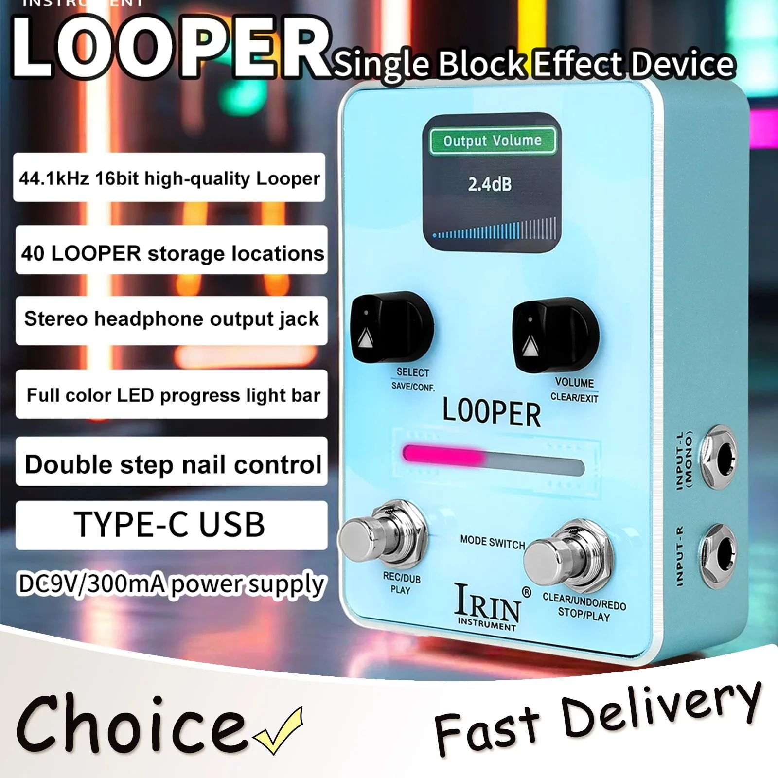 

IRIN Guitar Single Effect Pedal Phrase Loop 44.1kHz 16 Bit High-quality Loop 40 Loop Storage Locations Total Recording Effects