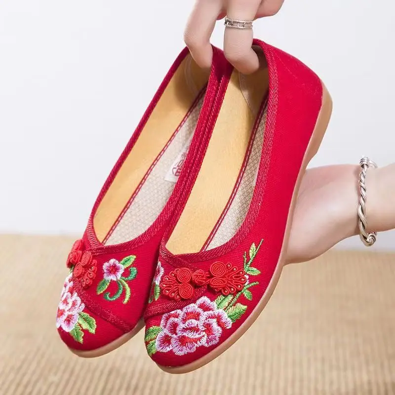 2024 Woman's New Spring Summer Ethnic Style Embroidered Canvas Shoe Soft Sole Non Slip Shallow Slip-On Flat Sole Ballet Shoes image 5