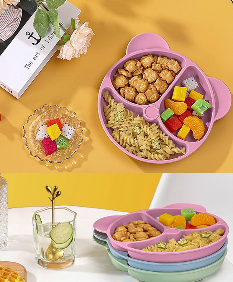 Детский костюм медведя, набор силиконовой посуды с присоской, разделенная тарелка для кормления, ложка, вилка, защита от падения, защита от опрокидывания