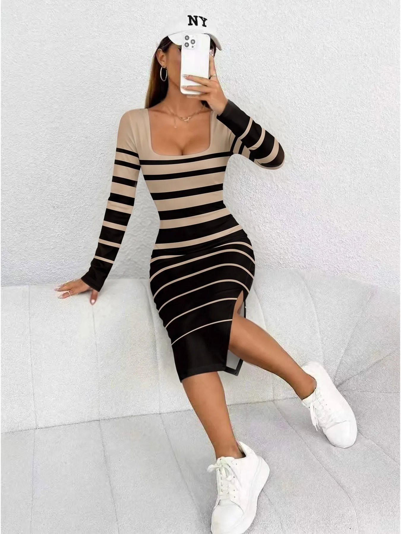 Women's Casual Maxi Dress Striped Color-Block Square Neck Long Sleeve Waist Cinched Skirt with Slit Comfortable Long Skirt - view 5