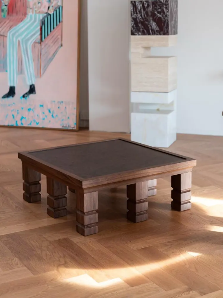 Modern Square Dark Wood Coffee Table With Burl Wood Top Professional Large Walnut Center Table For Living Room
