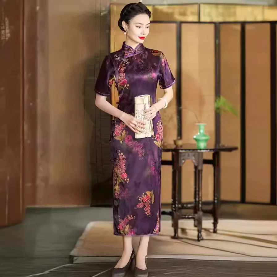 Full Cardigan High-End Gambiered Cheongsam Qipao Women's Ancient Style Old Shanghai National High Quality Real Silk Dress Long