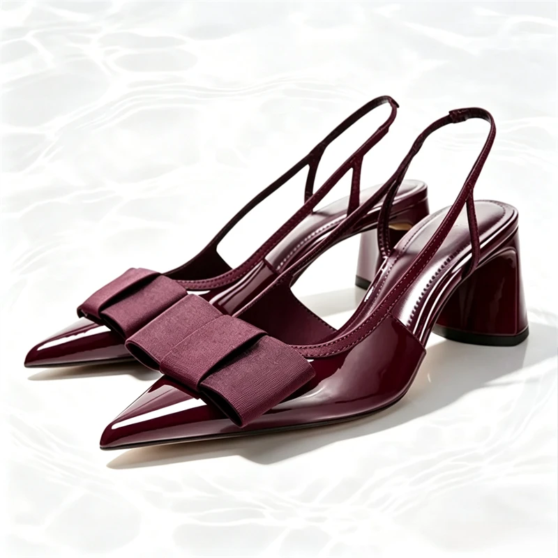 Sexy Burgundy Patent Leather Pointed Toe Pumps Women Fashion Bow Slingback Brand Designer Shoes Elegant Cozy Banquet Dress Shoes